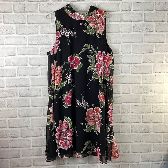Robbie Bee Sleeveless Floral Dress Tie Back Mock Neck Overlay Size 14 - Picture 1 of 7